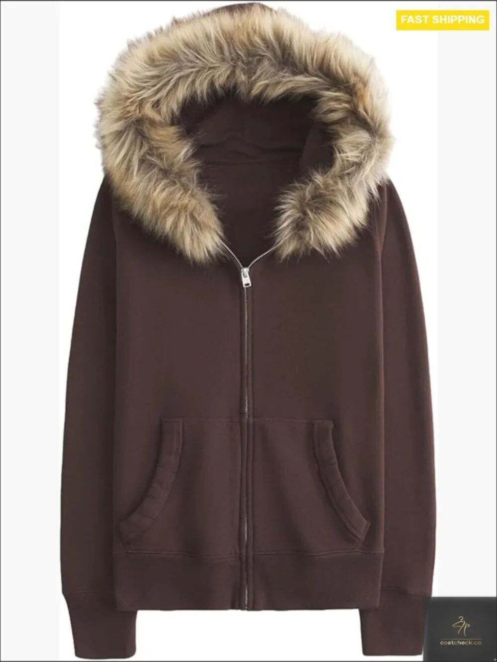 Faux Fur Trim Zip-Up Hoodie Oversized Fleece Lining Casual Jacket with Pockets